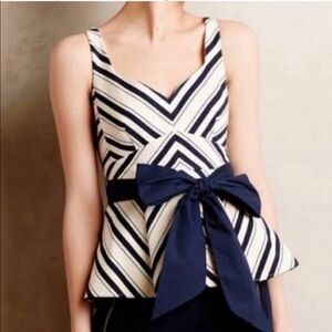 NWT Maeve Anthropologie Mitered Navy Stripe Peplum Bow Sleeveless Blouse Size 6